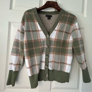 Rachel Zoe Small Button Up Long Sleeve Cardigan in Green, white and tan